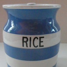 Load image into Gallery viewer, 1930s TG Green CORNISHWARE Lidded Storage Jar for RICE: 7 Inches in Height. Green Gresley Church Mark