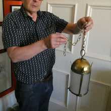 Load image into Gallery viewer, 1920s Antique Hanging Hall or Porch Lantern. Brass and Glass in the Gothic Style