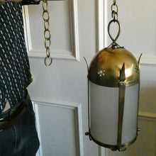 Load image into Gallery viewer, 1920s Antique Hanging Hall or Porch Lantern. Brass and Glass in the Gothic Style