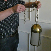 Load image into Gallery viewer, 1920s Antique Hanging Hall or Porch Lantern. Brass and Glass in the Gothic Style