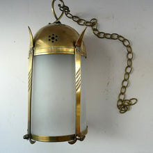 Load image into Gallery viewer, 1920s Antique Hanging Hall or Porch Lantern. Brass and Glass in the Gothic Style