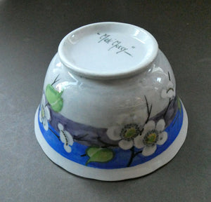 1920s Mak Merry Hand-Painted Open Bowl. Blue Background with Prunus Flowers