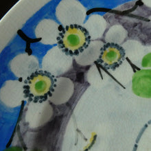 Load image into Gallery viewer, SCOTTISH POTTERY. 1920s Mak Merry Hand-Painted Dessert Plate. Blue Background with Prunus Flowers. 8 inches