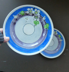 SCOTTISH POTTERY. 1920s Mak Merry Hand-Painted Dessert Plate. Blue Background with Prunus Flowers. 8 inches