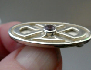 Cute Little Modern Celtic Inspired Sterling Silver Cap or Lapel Brooch with Central Lilac Stone BOXED