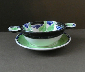 Rarer Bough Pottery ART DECO Ceramic Quaichs and Matching Underplates. Painted by Elizabeth Amour 1920s