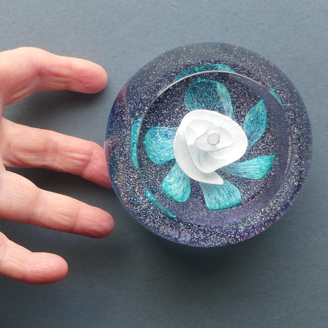 Vintage CAITHNESS Glass Paperweight. White Flower. Magnum Size