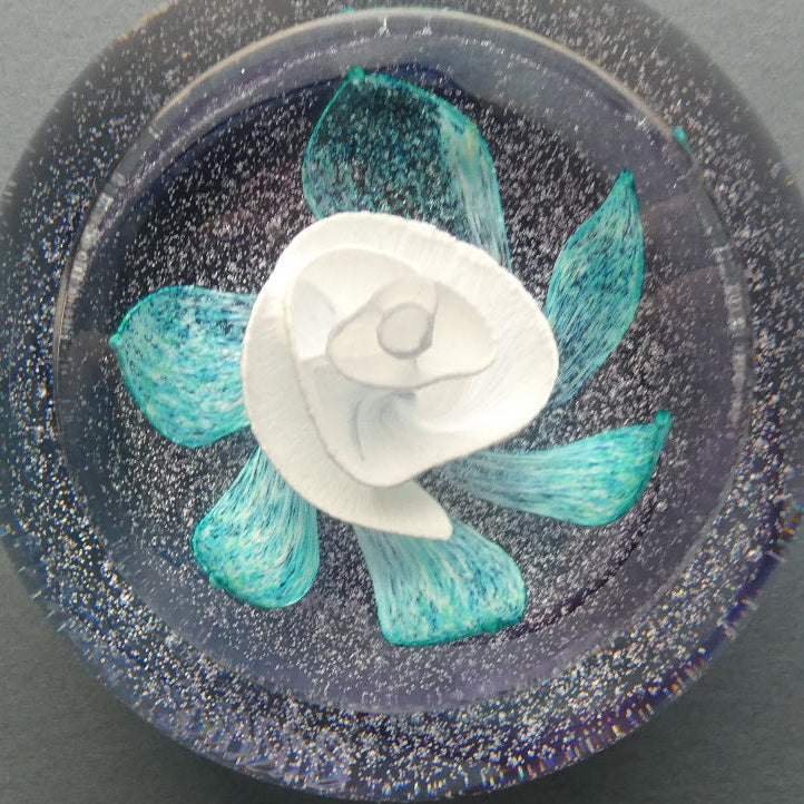 Vintage CAITHNESS Glass Paperweight. White Flower. Magnum Size