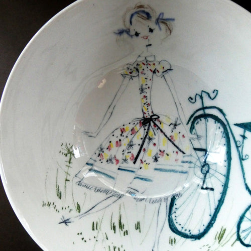 1950s Italian Il Quadrifoglio Milvia  Large Bowl Featruring a Young Girl with Her Bike