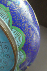 Antique 1900s Chinese Cloisonne Dragon Bowl with Blue Ground