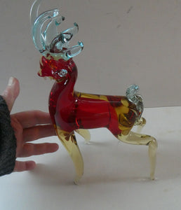 1950s Murano Sommerso Glass Reindeer / Deer in Red, Yellow and Blue. 10 1/2 inches