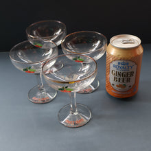 Load image into Gallery viewer, Set of FOUR Vintage Matching 1960s CHERRY B / CHERRY CHARM Coupe or Babycham Shape Glasses - with Red Cherries Motif. FREE POSTAGE