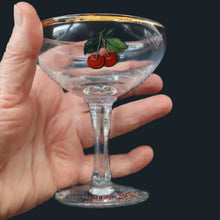 Load image into Gallery viewer, Set of FOUR Vintage Matching 1960s CHERRY B / CHERRY CHARM Coupe or Babycham Shape Glasses - with Red Cherries Motif. FREE POSTAGE