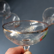 Load image into Gallery viewer, Set of FOUR Vintage Matching 1960s CHERRY B / CHERRY CHARM Coupe or Babycham Shape Glasses - with Red Cherries Motif. FREE POSTAGE