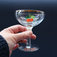 Load image into Gallery viewer, Set of FOUR Vintage Matching 1960s CHERRY B / CHERRY CHARM Coupe or Babycham Shape Glasses - with Red Cherries Motif. FREE POSTAGE