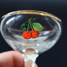Load image into Gallery viewer, Set of FOUR Vintage Matching 1960s CHERRY B / CHERRY CHARM Coupe or Babycham Shape Glasses - with Red Cherries Motif. FREE POSTAGE