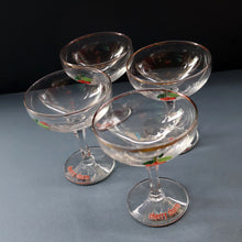 Load image into Gallery viewer, Set of FOUR Vintage Matching 1960s CHERRY B / CHERRY CHARM Coupe or Babycham Shape Glasses - with Red Cherries Motif. FREE POSTAGE