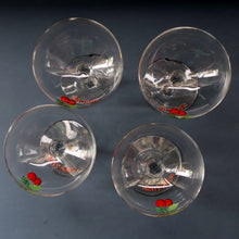 Load image into Gallery viewer, Set of FOUR Vintage Matching 1960s CHERRY B / CHERRY CHARM Coupe or Babycham Shape Glasses - with Red Cherries Motif. FREE POSTAGE