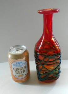 Unusual Vintage Red Glass MDINA Bottle Vase Decorated Externally with Applied Blue Trails