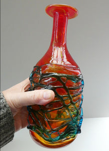 Unusual Vintage Red Glass MDINA Bottle Vase Decorated Externally with Applied Blue Trails
