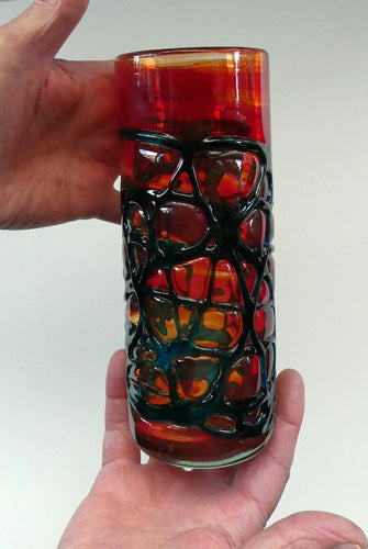 Unusual Vintage Red Glass MDINA Vase Decorated Externally with Applied Blue Trails