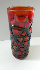 Unusual Vintage Red Glass MDINA Vase Decorated Externally with Applied Blue Trails