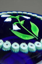 Load image into Gallery viewer, Vintage Scottish Paperweight . Lily of the Valley (MAY) White Lampwork Flower on Dark Blue Base

