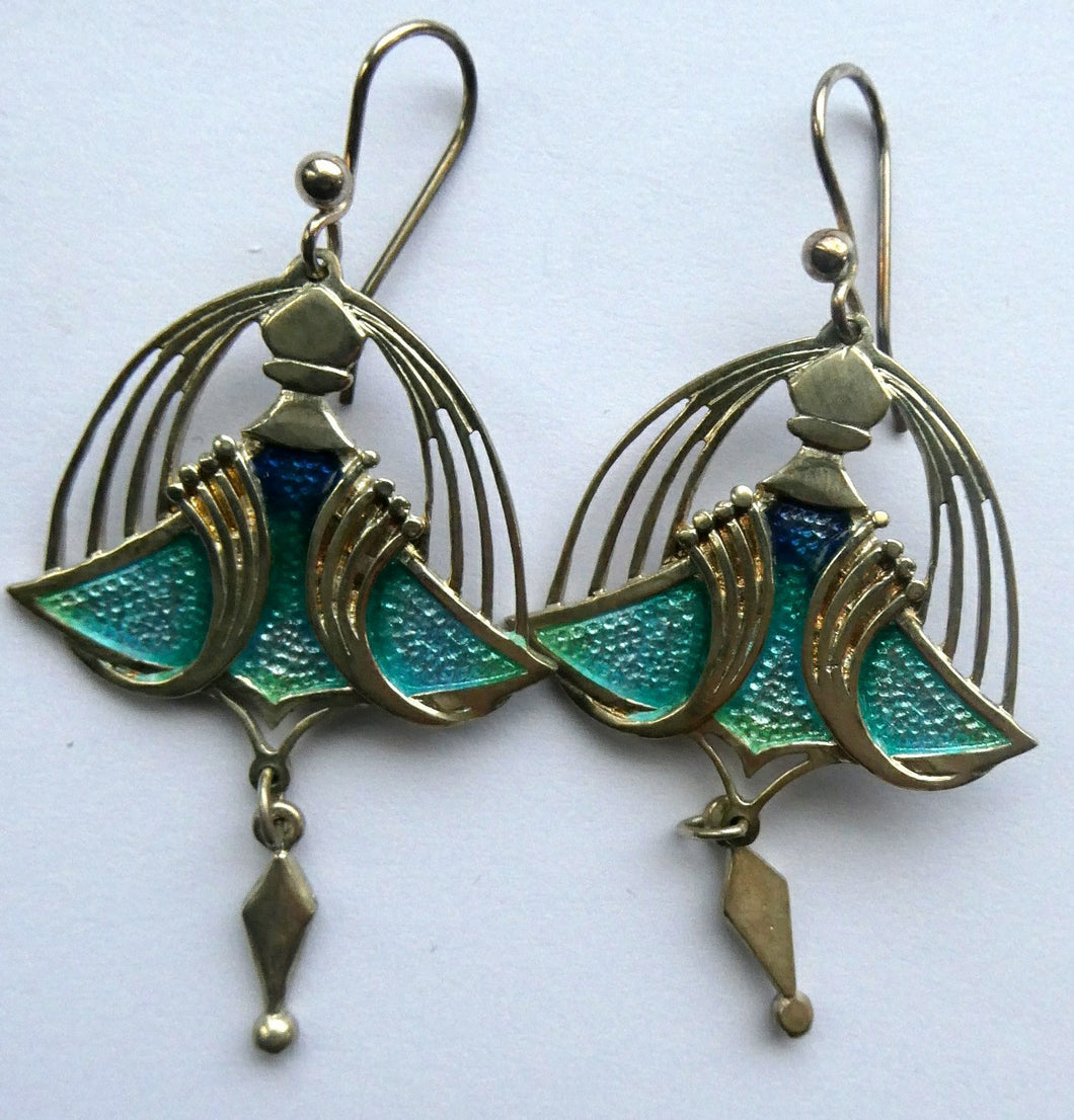PAT CHENEY. Scottish Vintage 1980s Art Nouveau Style Silver Earrings with Turquoise Enamel