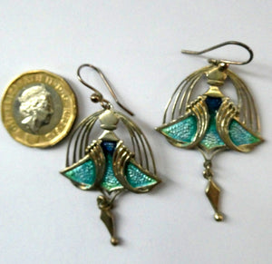 PAT CHENEY. Scottish Vintage 1980s Art Nouveau Style Silver Earrings with Turquoise Enamel