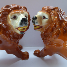 Load image into Gallery viewer, ANTIQUE PAIR of Victorian Standing Staffordshire Style Bo'ness Lions. Large & Substantial Pair in Excellent Condition