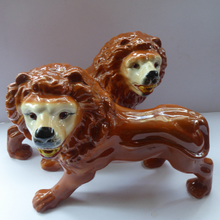 Load image into Gallery viewer, ANTIQUE PAIR of Victorian Standing Staffordshire Style Bo'ness Lions. Large & Substantial Pair in Excellent Condition