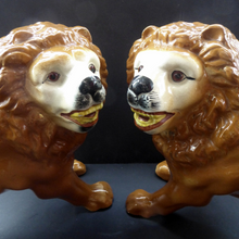 Load image into Gallery viewer, ANTIQUE PAIR of Victorian Standing Staffordshire Style Bo'ness Lions. Large & Substantial Pair in Excellent Condition