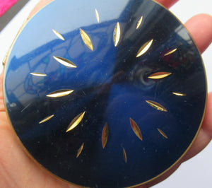 Vintage 1960s POWDER COMPACT with Royal Blue Enamel with Incised Gold Abstract Ring Pattern