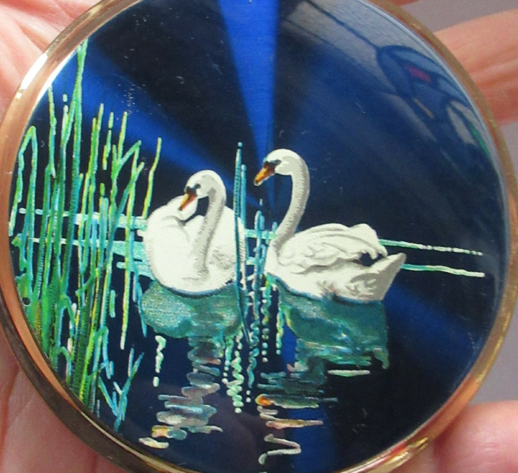 Vintage 1960s POWDER COMPACT with Blue Enamel Lid and Swans Image. Design by STRATTON