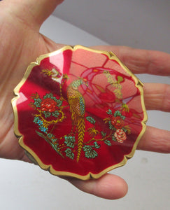 Stratton 1960s Red Enamel Powder Compact with Gold Pheasant Image