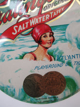 Load image into Gallery viewer, Vintage American Toffee Tin. FRALINGER&#39;S Salt Water Taffy. Atlantic City Image
