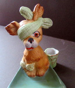 Bisque Porcelain Figure by Schafer & Vater. Comical Dog Model Set Onto an Ashtray