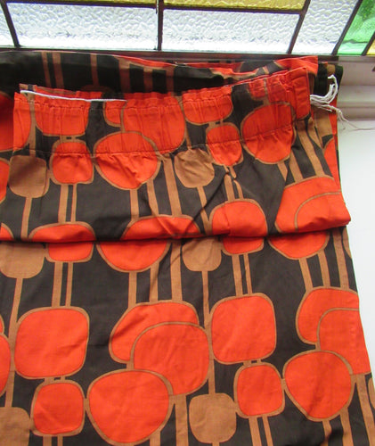 LONG & WIDE Orange and Brown 1960s / 1950s Abstract Pattern Cotton Curtains. Unlined with Header Tape