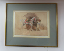 Load image into Gallery viewer, Antoine de la Boulaye (b. 1951). Watercolour Drawing of an Oriental Horseman Leading a White Arab Stallion. Signed in Pencil
