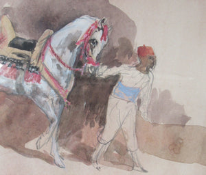 Antoine de la Boulaye Oriental Horseman Leading a White Horse or Stallion Signed