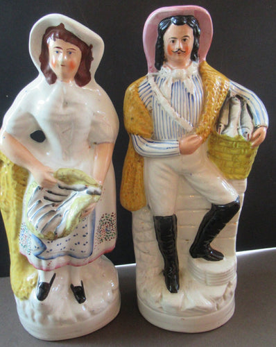 Pair of Victorian Antique Staffordshire Figures: Fishwife and Fisherman. Matched Pair