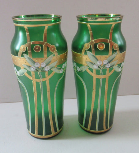 Antique 1905 Art Nouveau Bohemian Gold Enamel Pair of Vases