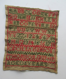 1839 ANTIQUE Embroidered Sampler. Small EARLY VICTORIAN Scottish Textile by Cecilia Gibson Thomson (6 years old)
