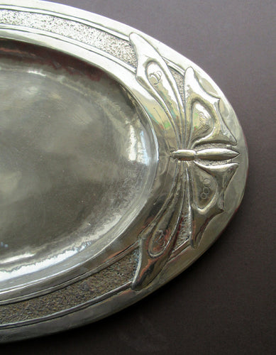 Glasgow School White Metal Oval Serving Tray with Butterflies. Margaret Gilmour