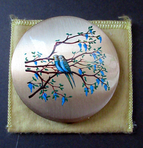 1950s Vintage Stratton Powder Compact with Blue Budgies Pattern