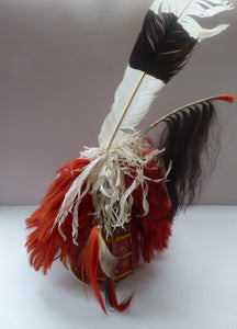 (B) Old Mid-Century Ceremonial NAGA Woven Rush Helmet with Decorative Tusks and Goat Hair Embellishments