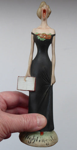  Antique Bisque Porcelain SKINNY or Elongated Figurine by Schafer & Vater: THE NIGHTINGALE (Opera Singer) 