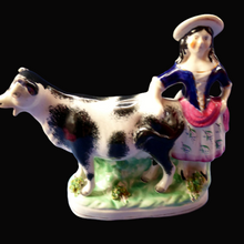 Load image into Gallery viewer, Fabulous 1880s Genuine ANTIQUE STAFFORDSHIRE Flatback Figurine / Cow Creamer. Woman and Cow