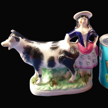 Load image into Gallery viewer, Fabulous 1880s Genuine ANTIQUE STAFFORDSHIRE Flatback Figurine / Cow Creamer. Woman and Cow