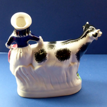 Load image into Gallery viewer, Fabulous 1880s Genuine ANTIQUE STAFFORDSHIRE Flatback Figurine / Cow Creamer. Woman and Cow